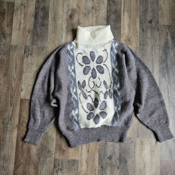 Vintage Joyce Sportswear Turtleneck Sweater Women’s S Brown Cream Floral Wool - Picture 1 of 8